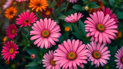 Fototapeta premium Softly falls the evening dew on Surfinia purple flowers, nature, flower field . Vibrant purple flowers adorned with dew drops, showcasing nature's beauty and freshness.