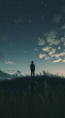 Silhouette figure stands on a hilltop under a night sky.