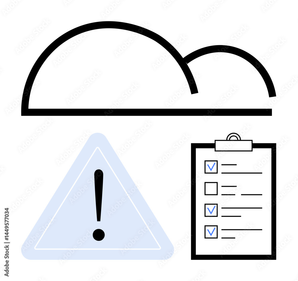 Poster cloud outline, hazard warning symbol with exclamation mark, and checklist with completed tasks. idea