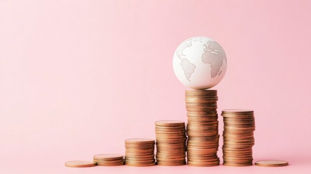 a white globe with a map illustration balanced atop rising stacks of gold coins, symbolizing global finance and economic growth