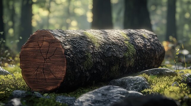 Photorealistic image of a merbau log, featuring its reddish-brown to dark brown color and coarse, interlocking grain, with visible resin pockets and natural cracks, lying on a forest floor 