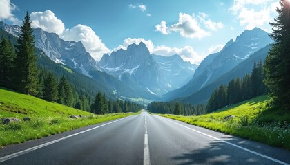 Asphalt road through Austrian Alps on summer day. Green trees, grass, blue sky, white clouds. Scenic route, panoramic view. Travel, driving, journey, road trip, vacation concept, tourism, outdoors,