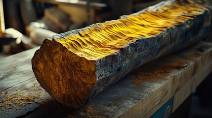 Close-up of a kenanga log, highlighting its yellowish-brown color and wavy grain patterns, with a smooth cross-section and rough bark exterior, lying on a wooden table in a traditional workshop