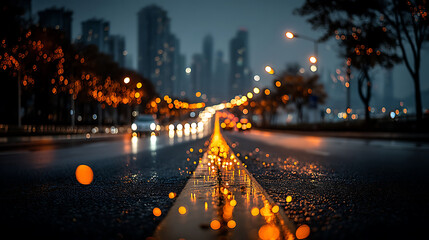 Fototapeta premium Cityscape bokeh lights reflected on a wet road at night urban illumination and blurred vehicles create a dreamy atmosphere