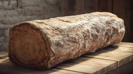 Close-up of a randu log, emphasizing its light brown color and coarse, uneven grain, with visible growth rings and a rough texture, lying on a wooden platform in a traditional setting, warm lighting