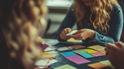 Fototapeta premium Woman engages in speech therapy with a therapist using word cards in a calm and focused environment