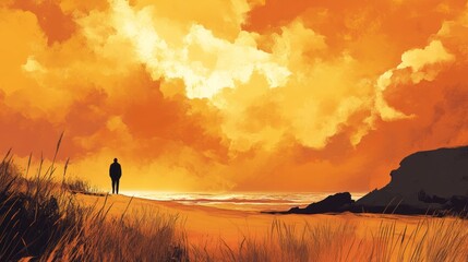 Silhouette figure on a golden beach at sunset.