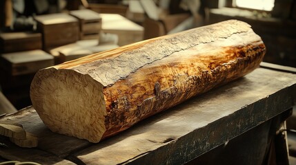 a bintangur log, showcasing its light brown to reddish-brown color and straight grain, with a smooth cross-section and rough bark exterior, lying on a wooden table in a traditional workshop
