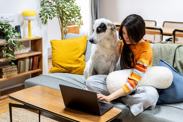 Young woman at home with dog on the couch using laptop