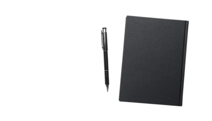 black book mockup with pen for writing or note taking on white background for office or education concepts