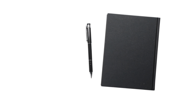 black book mockup with pen for writing or note taking on white background for office or education concepts
