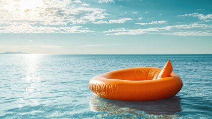 Floating orange inflatable pool lounger by the sea