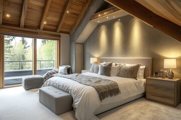 Serene mountaintop bedroom luxuriously appointed with a king size bed plush bedding and a view of tranquil forests