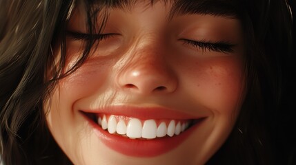 Fototapeta premium Happy young woman smiling with closed eyes and perfect white teeth