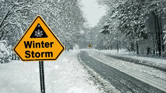 A caution sign indicates a winter storm along a snowy road.