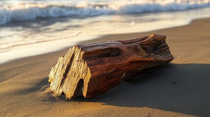 a merbau laut log, showcasing its reddish-brown to dark brown color and coarse, interlocking grain, with visible resin pockets and natural cracks, lying on a sandy beach with ocean waves 