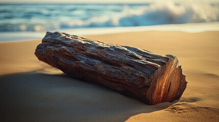 a merbau laut log, showcasing its reddish-brown to dark brown color and coarse, interlocking grain, with visible resin pockets and natural cracks, lying on a sandy beach with ocean waves 