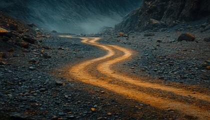 Fototapeta premium Resilient Path Forward: Winding Dirt Road Through a Rugged and Misty Landscape.