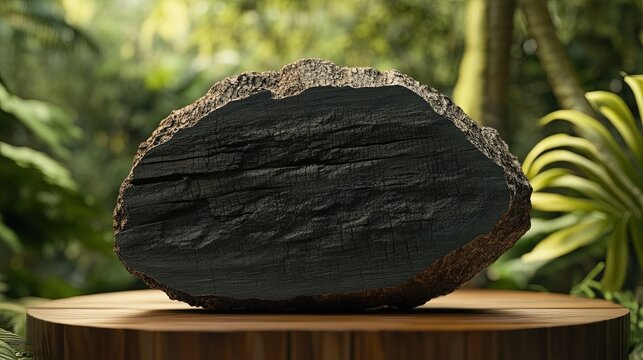 a meranti damar hitam log, emphasizing its dark brown to black color and dense, tight grain, with a smooth cross-section and rough bark exterior, placed on a wooden platform in a tropical setting