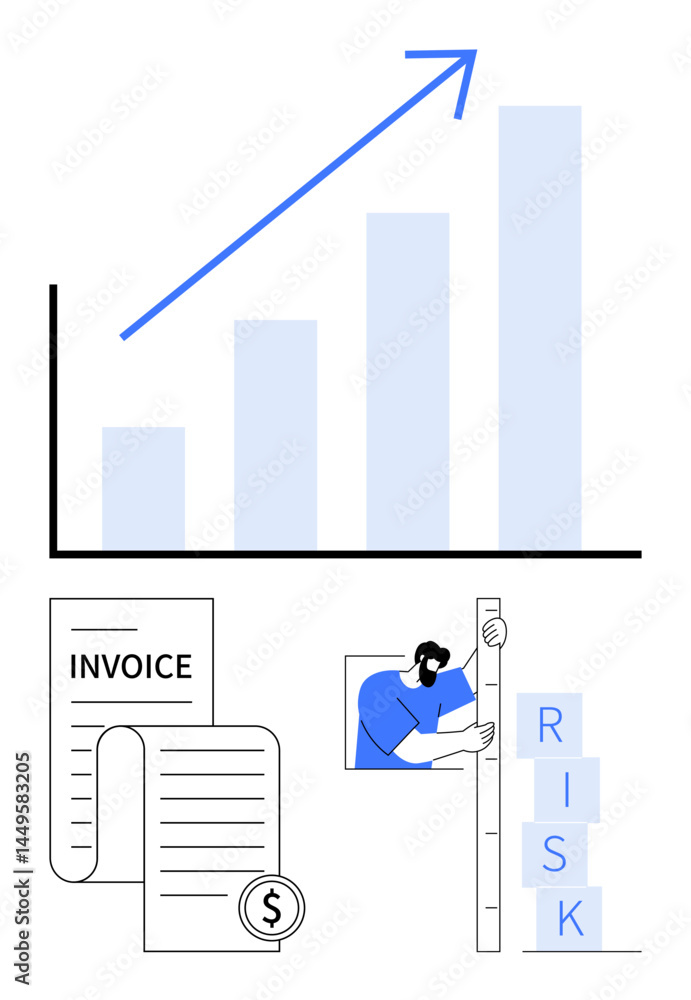 Poster bar chart with arrow symbolizing growth, invoice with currency, person measuring stacked blocks labe