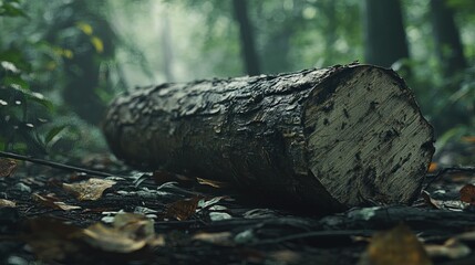 Fototapeta premium a meranti damar putih log, highlighting its light yellow to pale brown color and fine, straight grain, with a smooth cross-section and rough bark exterior, lying on a forest floor surrounded by leaves