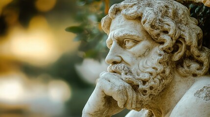 Naklejka premium Ancient marble statue of a thoughtful philosopher in contemplation with blurred background