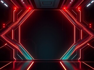 an image of a futuristic room with neon lights and a black background, there is a neon light tunnel with a black background