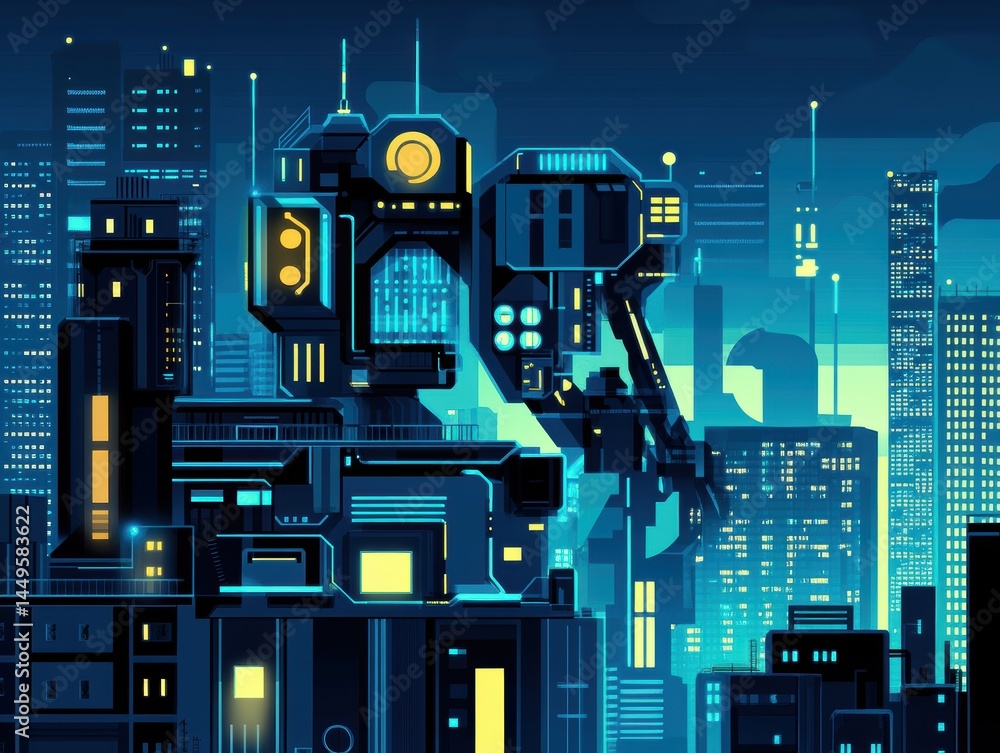 Poster futuristic metropolis with advanced technology and neon lights in a cyberpunk setting