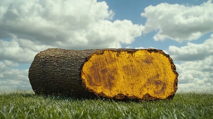 meranti damar kuning log, highlighting its yellowish-brown color and straight grain, with a smooth cross-section and rough bark exterior, lying on a grassy field under a cloudy sky, natural daylight