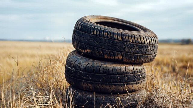 A stack of three worn black car tires resting on dry golden grass in an open field under a soft sky, with the focus on the textures and tread details of the rubber