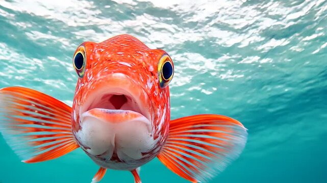 A vivid orange tropical fish with transparent fins swims near the camera in a turquoise underwater environment, surrounded by tiny bubbles and soft light effects