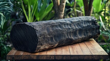 meranti damar hitam log, emphasizing its dark brown to black color and dense, tight grain, with a smooth cross-section and rough bark exterior, placed on a wooden platform in a tropical setting