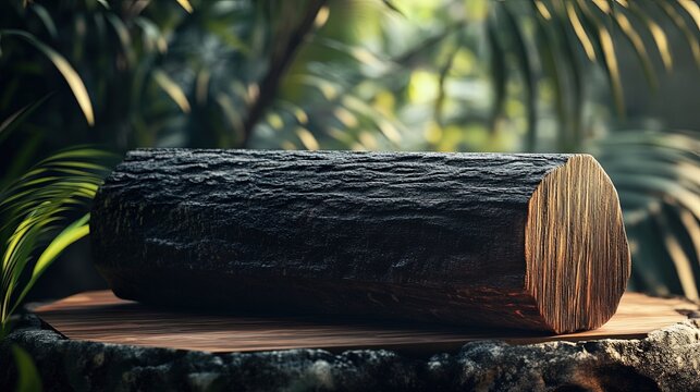 meranti damar hitam log, emphasizing its dark brown to black color and dense, tight grain, with a smooth cross-section and rough bark exterior, placed on a wooden platform in a tropical setting