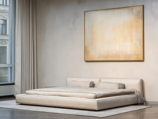 Minimalist bedroom design featuring a stylish platform bed in a serene interior space