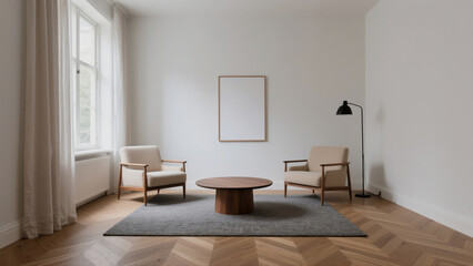 Fototapeta premium Modern Living Room Interior Design Two Armchairs, Coffee Table, and Lamp