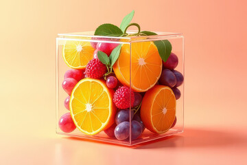 Vibrant Fruit Cube 3D Illustration: Fresh Grapes, Oranges & Pineapples in Translucent Design