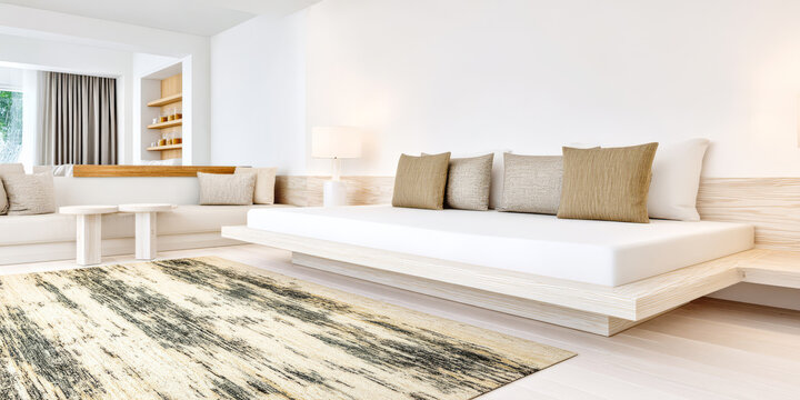 Modern living room with minimalist design featuring a comfortable sofa and sleek furniture