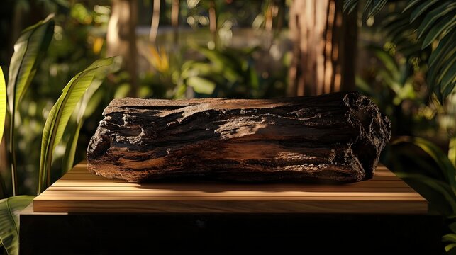 a meranti damar hitam log, emphasizing its dark brown to black color and dense, tight grain, with a smooth cross-section and rough bark exterior, placed on a wooden platform in a tropical setting