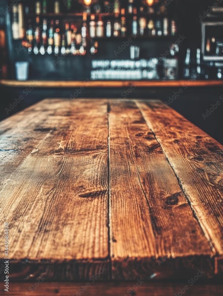 Aufkleber rustic wooden table surface in a bar setting with blurred background ambiance