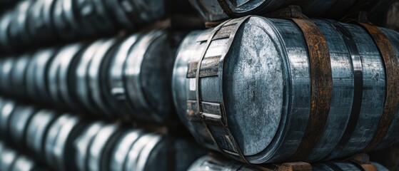 Aged Whiskey Barrels Stacked in a Distillery Warehouse Ready for Spirits and Aging Process