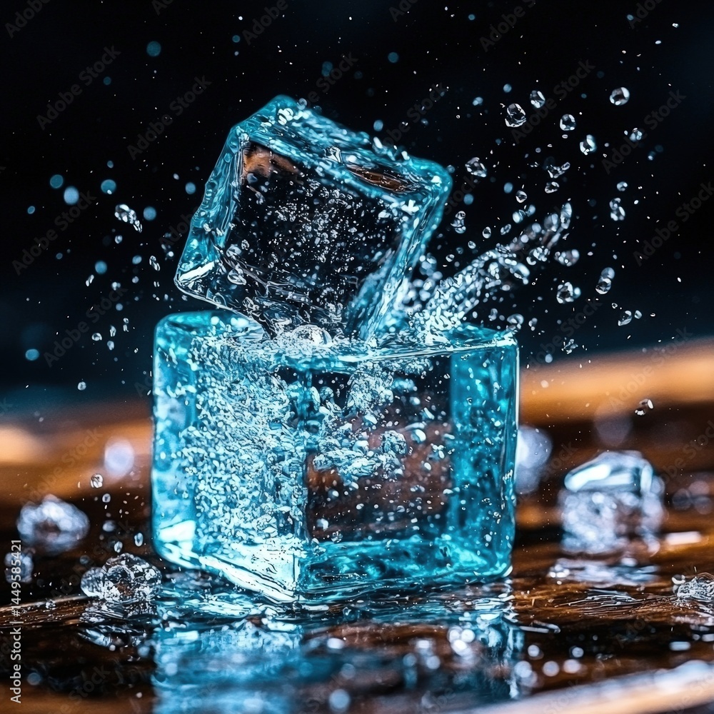 Poster refreshing ice cubes with water splashing on them creating a chilling and invigorating scene
