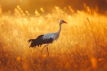 legs Secretary bird walking through golden grass with long