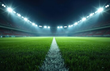 Night stadium, green field illuminated bright lights. Empty arena ready for football, soccer, rugby competition. Dramatic atmosphere, sports event background. Wide angle view of pitch. No people.