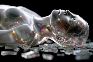 A surreal portrayal of a translucent figure lying among shards of glass, reflecting light and creating a mesmerizing spectrum of colors, evoking feelings of fragility and beauty.