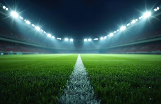 Night stadium, green field illuminated bright lights. Empty arena ready for football, soccer, rugby competition. Dramatic atmosphere, sports event background. Wide angle view of pitch. No people.