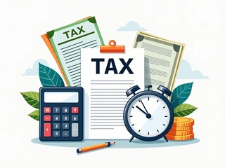 an image of a calculator, a clock, and a stack of money, there is a clock, calculator, and a calculator next to a tax form