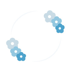 Blue flower round border frame template. Nature, blossom, floral concepts. Flat decorative vector design isolated illustration.	