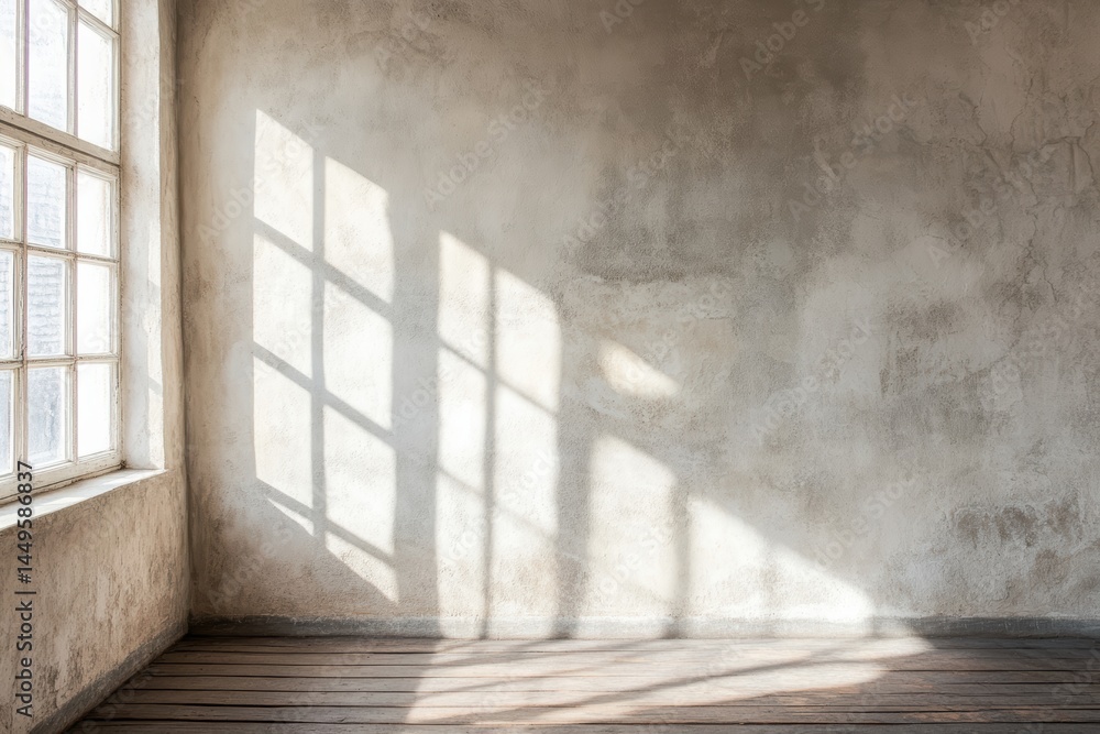 Aufkleber interior of an empty room with a window and sunlight streaming in creating shadows on the wall