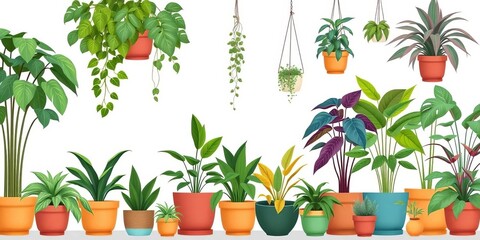 Vibrant collection of potted indoor plants isolated on white background, flat style vector illustration, clipart, home decor
