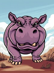 Fototapeta premium an image of a cartoon hippo is standing in the desert, there is a cartoon hippo standing in the desert with a sky background